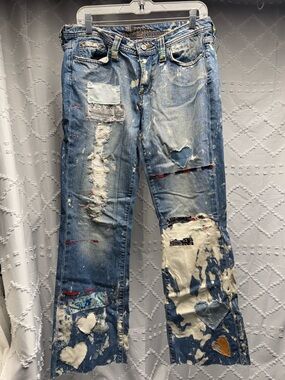 Hippie Reworked Distressed Patched Paint Splatter Bleached Jeans Size 11/30